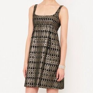 Milly of New York Shift Cocktail Dress Black Gold Brocade Empire Waist Size 6